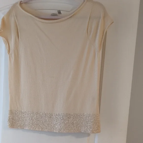 Anne Klein Cream Short Sleeve Top with Sequin Hem - Picture 1 of 4